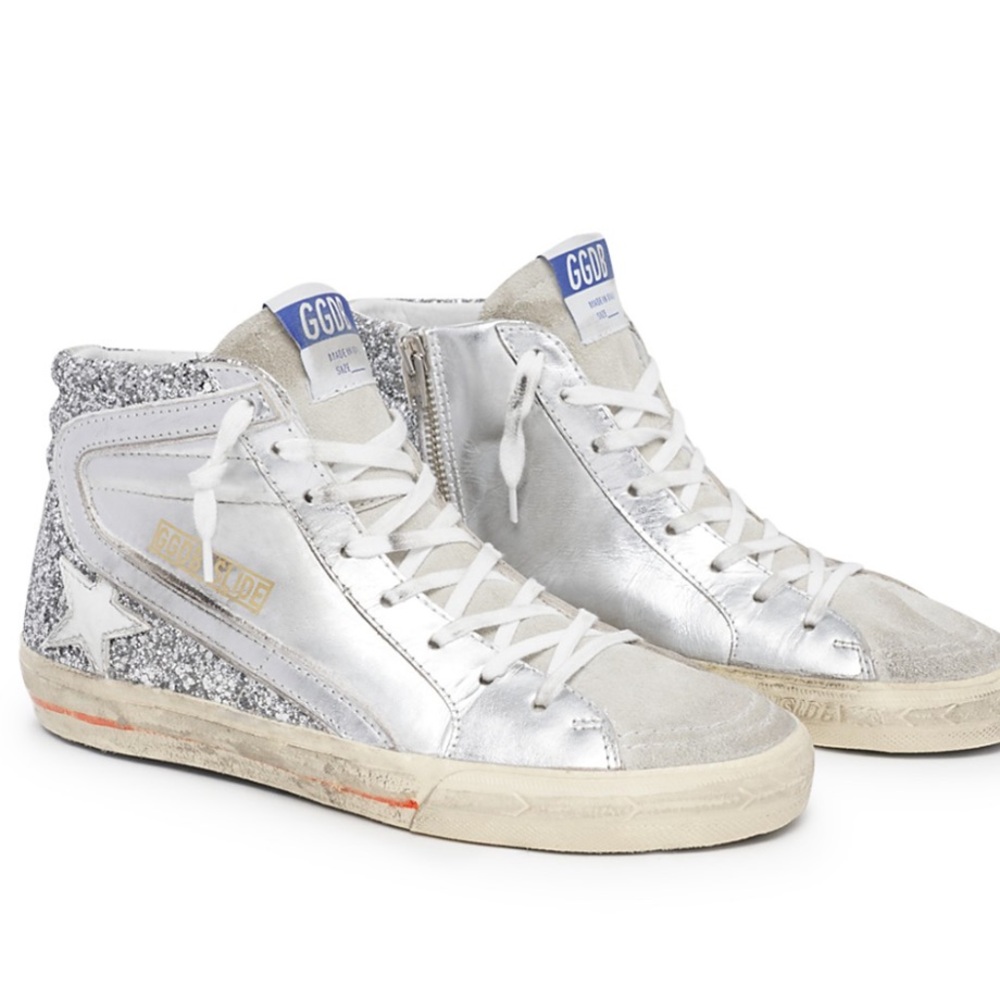 Golden Goose Silver and White Distressed Sneakers
